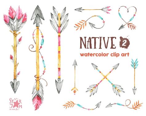 Native 2 Arrows Watercolor Clipart Indian Feathers