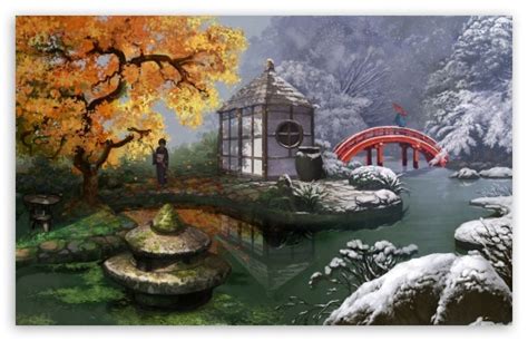 Japanese Garden Painting Ultra Hd Desktop Background
