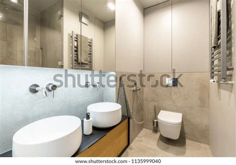 Stylish Modern En Suite Bathroom Interior Stock Photo 1135999040