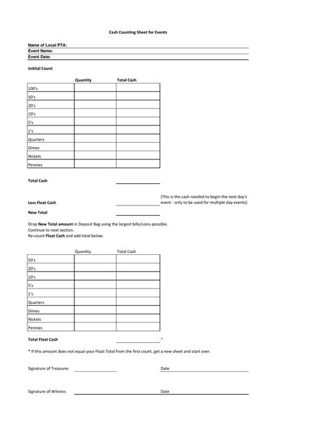 Cash Counting Sheet For Events Template Download Printable PDF Templateroller