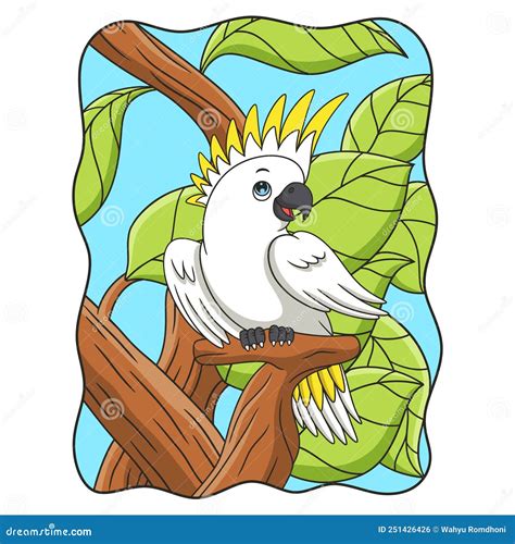 Cartoon Illustration White Parrot Is Perched Coolly On One Of The Tree