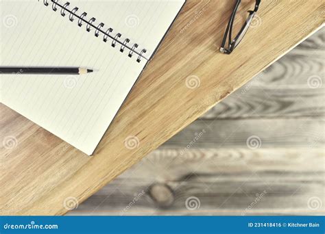 Wooden Desk From Above Stock Photo Image Of Copy Notebook 231418416