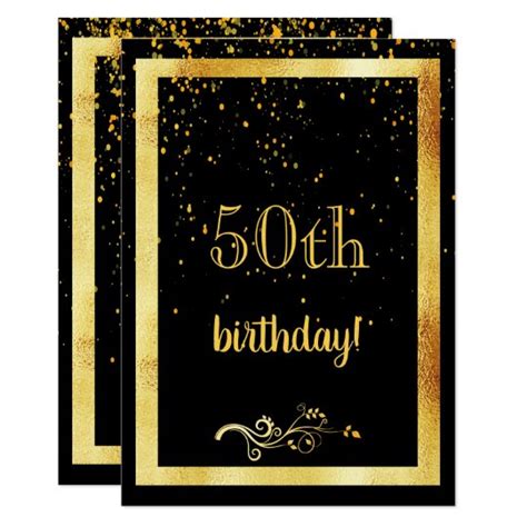 50th Birthday Party Gold Frame Black Invitation