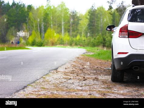 White Suv Parked On Empty Asphalt Road In Beautiful Spring Forest A