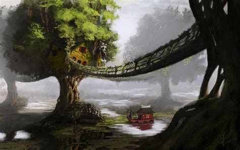 Online Crop Red Boat Under Tree House And Bridge Illustration
