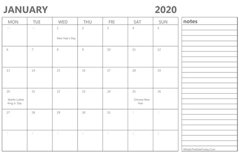 Editable January 2020 Calendar With Holidays And Notes