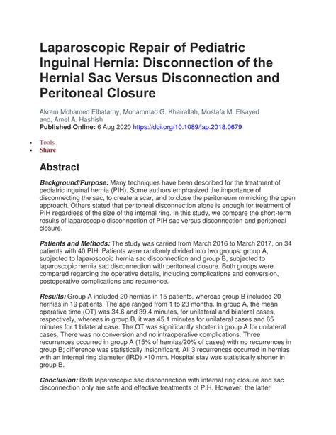 Pdf Laparoscopic Repair Of Pediatric Inguinal Hernia Disconnection