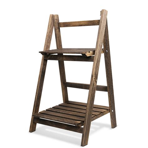 Two Tier Folding Wooden Plant Stand Collapsible Freestanding