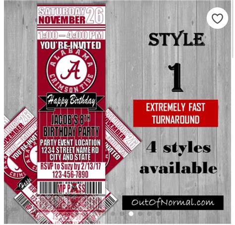 Alabama Crimson Tide Ncaa Birthday Invitation Ticket Custom