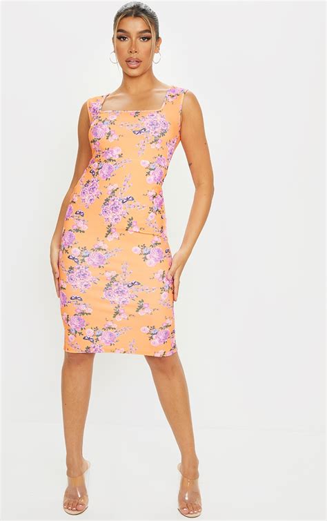 Coral Floral Square Neck Midi Dress Dresses Prettylittlething Aus