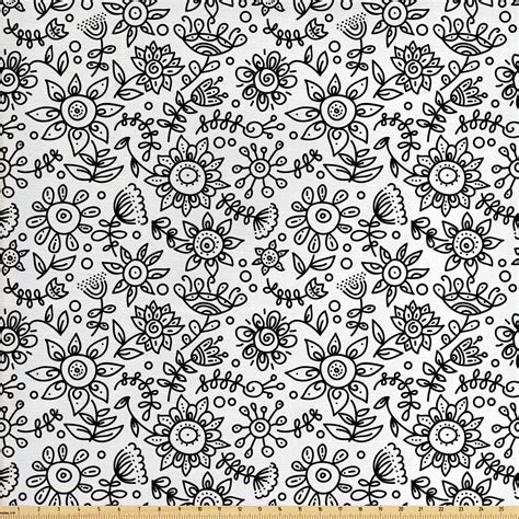 Black And White Fabric By The Yard Floral Composition Doodle Style