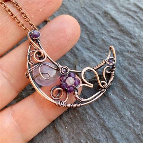 Wire Wrapped Moon Pendant Necklace Amethyst Moon Crystal Etsy