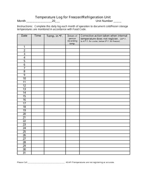 Freezerrefrigeration Unit Temperature Log Sheet Template Download