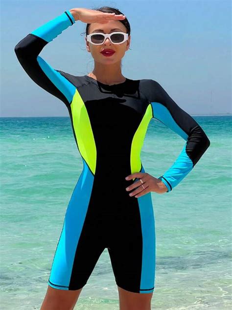 Color Block Zipper Front One Piece Swimsuit Shein Usa