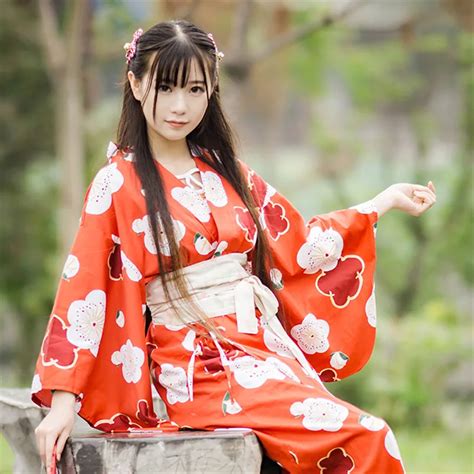 2017 Spring And Summer Japanese Kimono Dress Sakura Floral Red Long Japan