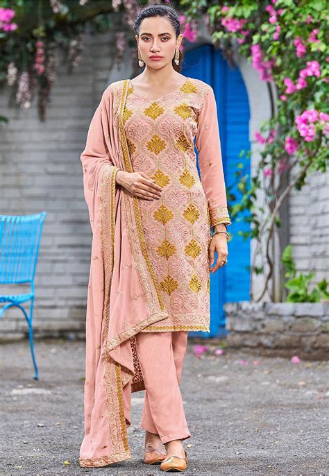 Embroidered Georgette Pakistani Suit Peach Kch12016