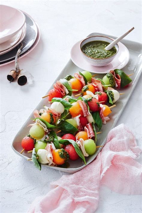 Chicken is simmered in a mixture of tomatoes, pesto, and artichokes in this recipe that only requires 10 minutes of prep. Melon Skewers | Christmas dinner starters, Easy starters ...