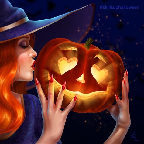 A Woman In A Witches Hat Holding A Pumpkin