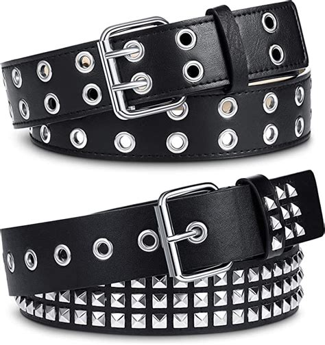 2 Pieces Studded Belt Double Grommet Belt Gothic Punk Belt For Women