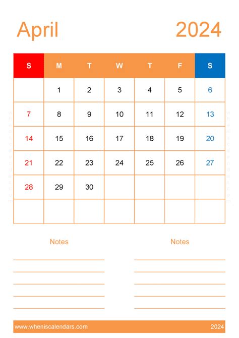Download 2024 April Free Printable Calendar A4 Vertical A44231