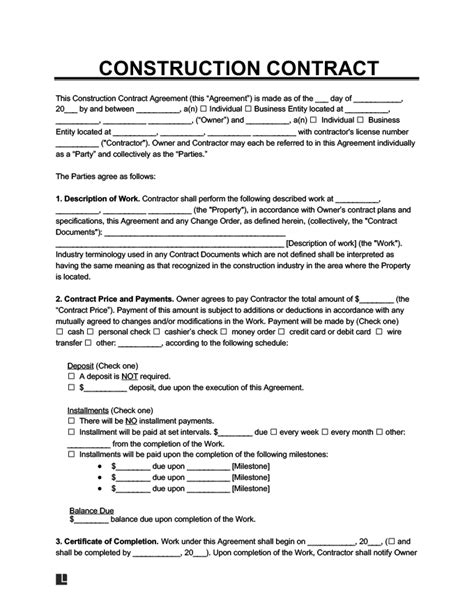 Free Printable Construction Contract Template