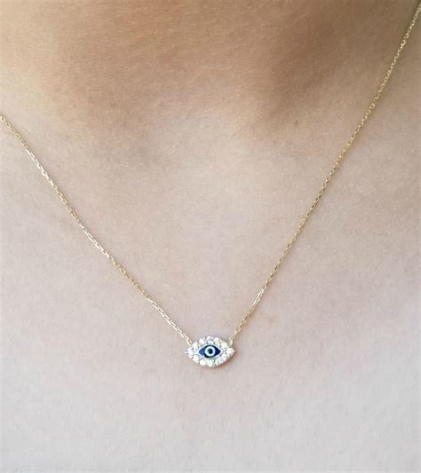 K Gold Evil Eye Necklace Dainty Evil Eye Necklace Solid Yellow Gold