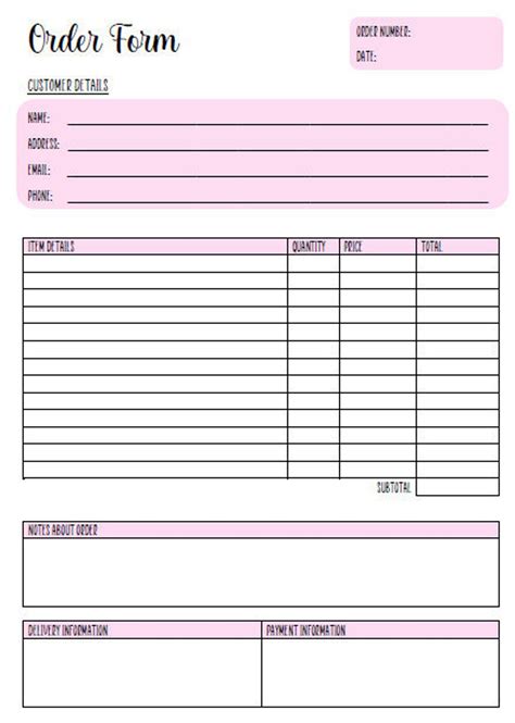 Pink Order Form Editable Printable Using Word In A Etsy Order Form Template Free Receipt