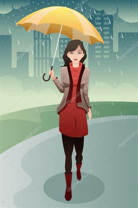 Una Ilustración Vectorial De Mujer Con Estilo De Caminar Bajo La Lluvia