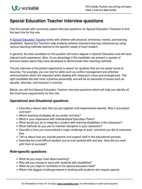 Special Education Teacher Interview Questions Pdf Special Education