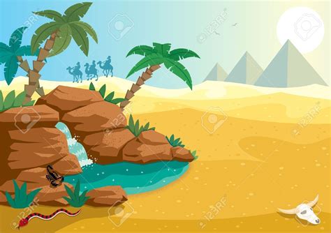 Cartoon Illustration Of Small Oasis In The Sahara Desert A4 Royalty