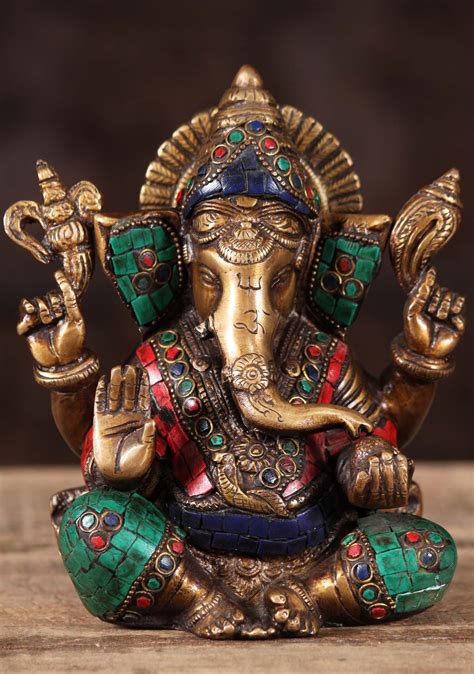 Sold Brass Abhaya Mudra Ganesh With Stones 6 110bs200 Hindu Gods