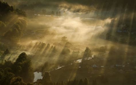 1920x1200 Mist Nature Landscape Sun Rays Aerial View Villages River