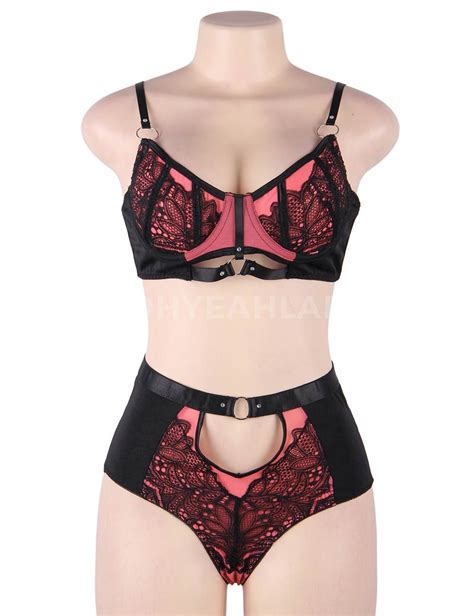 Pink Exquisite Sexy Lace Splice Bra Set With Steel Ring Ohyeahlady