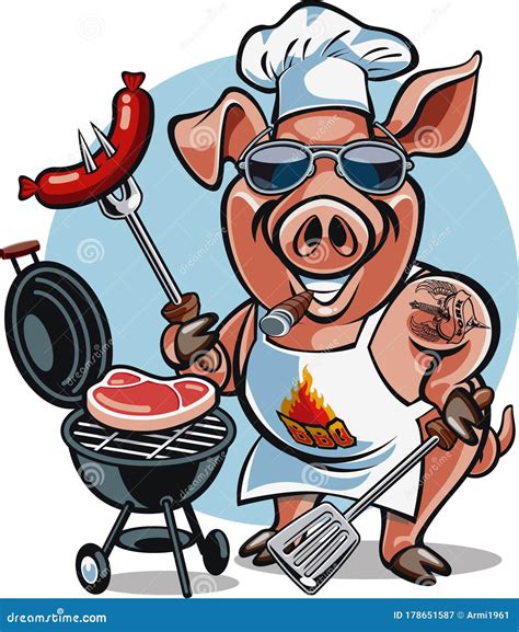 Cartoon Pig Chef Bbq Grill Cooking Stock Vector Illustration Of Fire