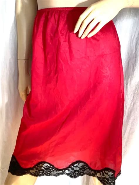 vintage red half slip 70s disco sexy black lace skirt slinky silky swishy knit s 19 99 picclick