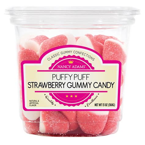 Nancy Adams Puffy Puffs Strawberry Gummy Candy 13 Oz Tub Nassau Candy
