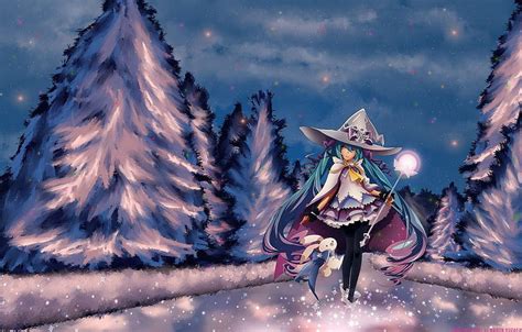 Winter The Sky Girl Stars Clouds Snow Trees Snowflakes Magic