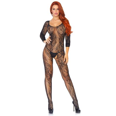 Swirl Lace Long Sleeve Bodystocking Black Leg Avenue 89108 Poinsettia Uk