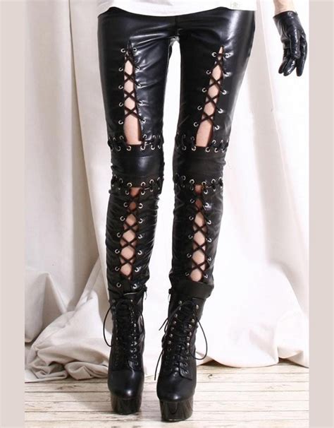 Woman Black Faux Leather Gothic Punk Pants Wetlook Bandage Leggings