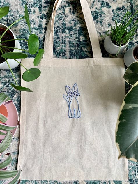 Hand Embroidered Tote Bag Studio Ghibli Jiji Design Etsy