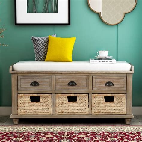Rosalind Wheeler Rustic Storage Bench With 3 Drawers And 3 Rattan