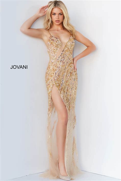 Jovani Nude Beaded Plunging Neck Long Dress