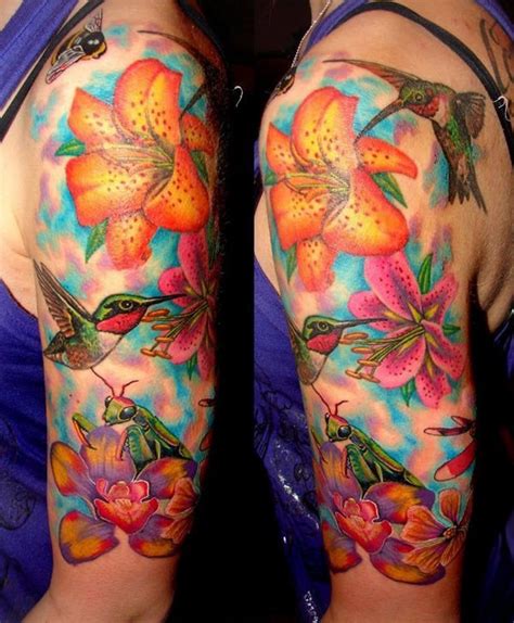 Bright Colored Lily Flowers With Hummingbirds Bee And Grasshopper