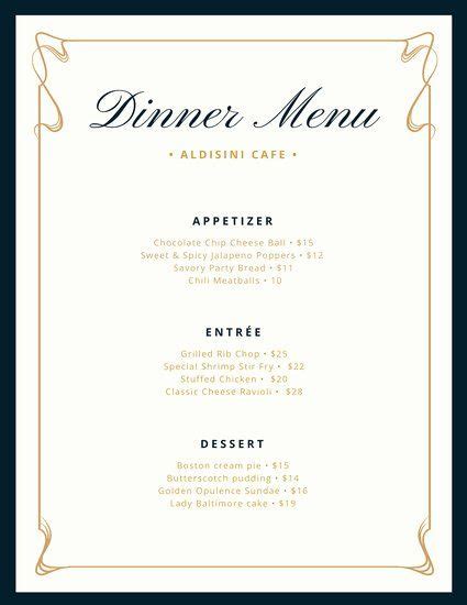 Dinner Menu Template Free Awesome Cream And Blue Fancy Border Dinner