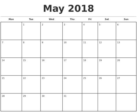 May 2018 Monthly Calendar Template