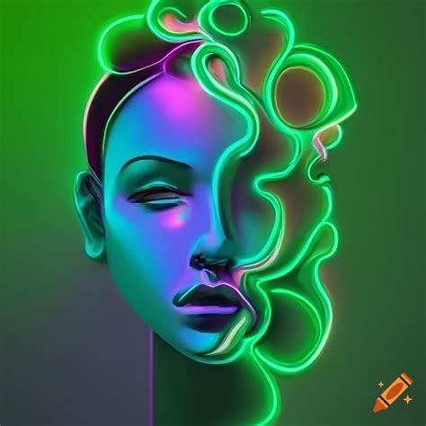 neon colored line drawing of a woman s head on a fluid wax background with greenish ambient