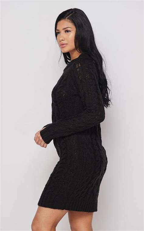 Cable Knit Mini Sweater Dress Black