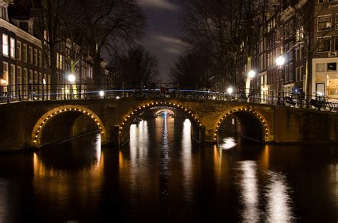 Bridge And Canals At Night Amsterdam Netherlands Image Free Stock Photo Public Domain