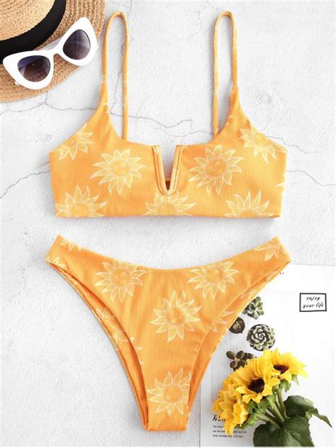 24 Off 2020 Zaful Sun Print Ribbed Lace Up V Wired Bikini Swimwear