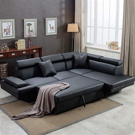 Queen Size Leather Sleeper Sofa With Side Chaise In Black Interior
